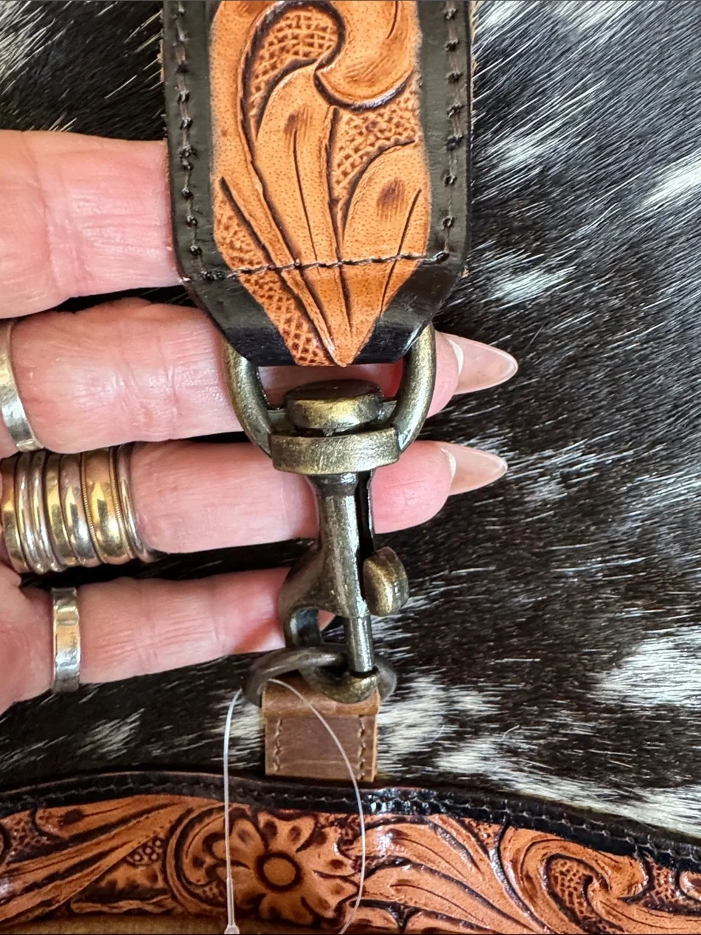 Source Unknown Brown Tooled Leather Shoulder Bag with Black & White Cowhide